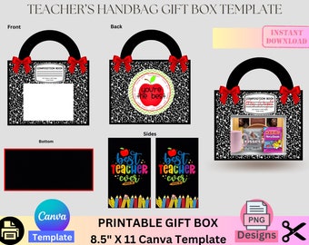 Teacher Appreciation Gift Box Template, Teacher Gift, PNG Bundle, Printable template, Canva Template, Handbag Gift Box