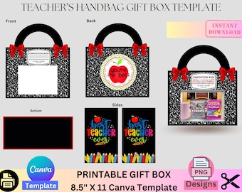 Teacher Appreciation Gift Box Template, Teacher Gift, PNG Bundle, Printable template, Canva Template, Handbag Gift Box