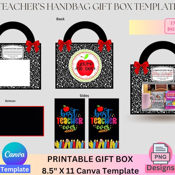 Teacher Appreciation Gift Box Template, Teacher Gift, PNG Bundle, Printable template, Canva Template, Handbag Gift Box