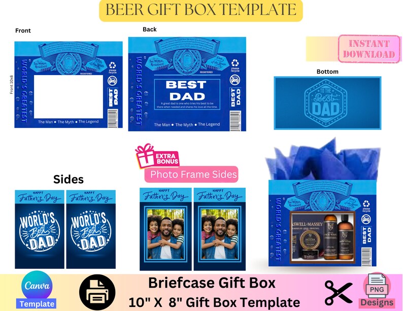 K&ouml;nnte beinhalten: Eine blaue und wei&szlig;e Geschenkbox-Vorlage f&uuml;r eine 25,4 cm x 20,3 cm gro&szlig;e Aktentaschen-Geschenkbox. Die Vorlage zeigt ein Design mit dem Text "World's Best Dad" und einen Fotorahmen an der Seite. Die Vorlage ist f&uuml;r eine Bier-Geschenkbox konzipiert.