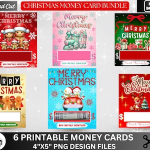 May include: A collection of six printable Christmas money cards. Each card features festive designs, including snowmen, gingerbread people, and reindeer, with the words "Merry Christmas" and space for money. The cards are 4"x5" PNG design files.