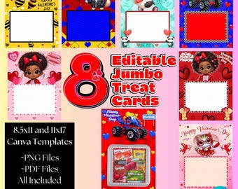 Jumbo Valentine Treat Card templates, printable treat, kids, Canva template, jumbo treat cards, editable, Valentine's day cards