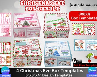 クリスマスイブ ボックス テンプレート、クリスマス ギフト ボックス、グリンチマス イブ ボックス テンプレート、編集可能、編集可能な Canva、ホリデー ギフト ボックス、カスタム グリンチマス ボックス