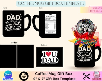 Coffee Mug Gift Box Template, Luxury Handbag, Handbag gift box, Designer gift box, Father&#39;s Day, Gift for dad, Canva template, Editable