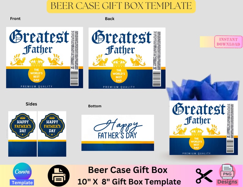 May include: A printable template for a beer case gift box. The template features a blue and gold design with the text "Greatest Father" and "The World's Best Dad". The template includes designs for the front, back, sides, and bottom of the box. The box is 25.4 cm by 20.3 cm.