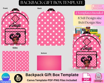 Caja de regalo para mochila, caja de regalo para bolso de diseñador, caja de regalo para la vuelta al cole, plantilla de Canva, archivo PNG, máquinas expendedoras, útiles escolares, plantilla de mochila