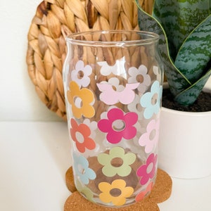 Retro Flower Can Glass Cup, floral glass cup, groovy flowers, trendy glass cup