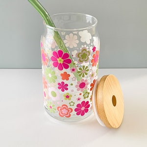 Retro Flower Can Glass Cup Vintage Flower Cup Colorful Glassware  Can Glass for Coffee Lover Birthday Gift for Friend Retro Printed Glass