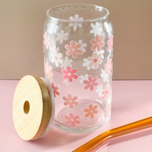 Flower Glass Can Cup Cute Birthday Gift for Her Daisy Print Iced Coffee Glass Iced Coffee Lover Gift for Her Pink 16 oz Daisy Glass Cup Gift