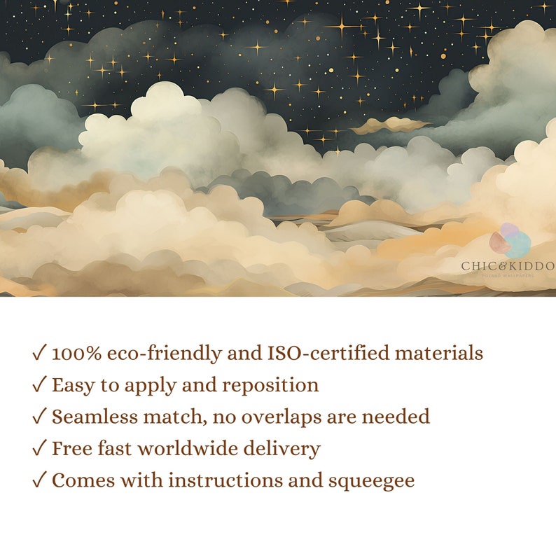 Starry Night Kids Mural Watercolor Sky Wallpaper Clouds and Stars Peel