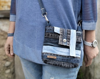 Unisex Crossbody Bag, Urban Style Upcycled Denim Eco Friendly Handmade Small Bag
