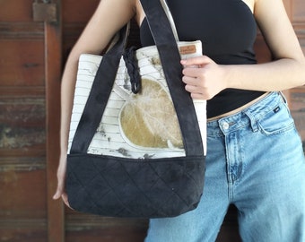 Eco Printed Canvas Bag, Plant Dye Shoulder Bag, Yellow and Black Reversible Large Tote Bag with Pockets