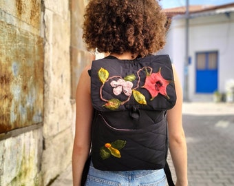 Felted Satin Black Backpack, Flower Pattern Handmade Stylish Fabric Bag