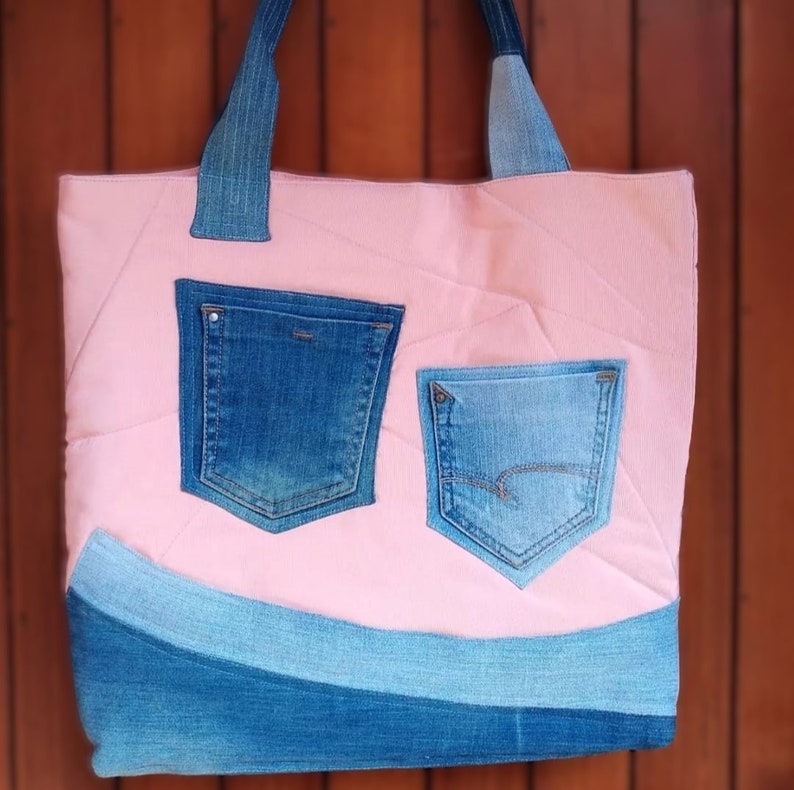 Felt Flowers Shoulder Bag, Handmade Pink and Blue Large Bag with Multi Pockets zdjęcie 4