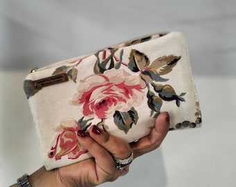 Handmade Canvas Wallet, Rose Pattern Pink and Beige Large Fabric Wallet