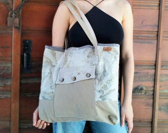 Bolso de hombro con estampado ecológico, bolso de mano de lona con estampado de hojas hecho a mano