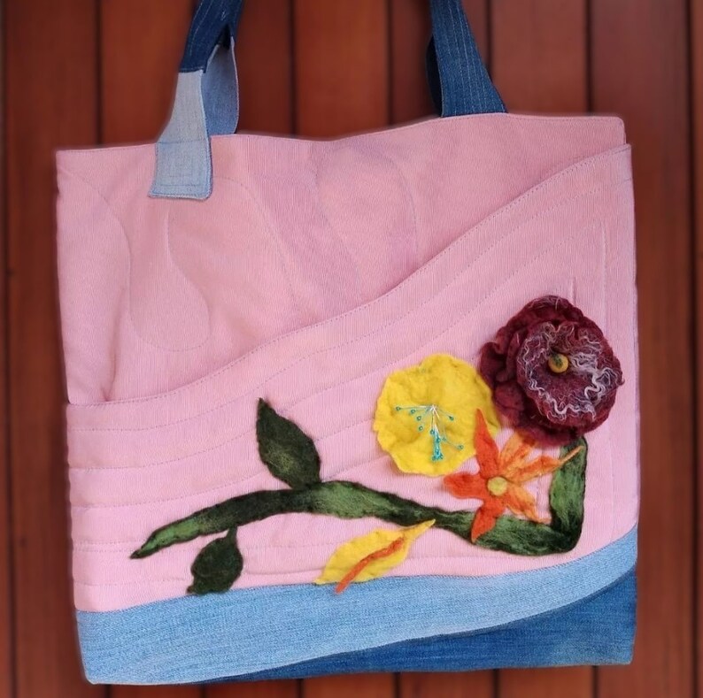 Felt Flowers Shoulder Bag, Handmade Pink and Blue Large Bag with Multi Pockets zdjęcie 3