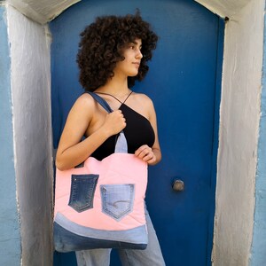 Felt Flowers Shoulder Bag, Handmade Pink and Blue Large Bag with Multi Pockets zdjęcie 2