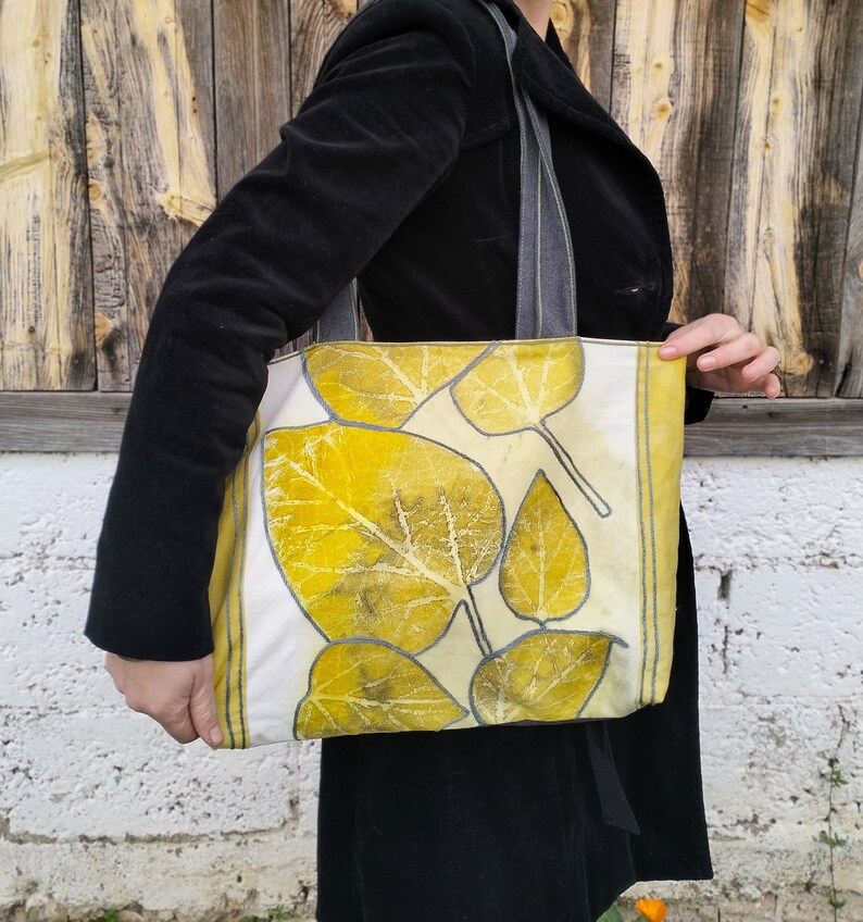 Ecoprint Handmade Totebag, Reversible Bag, Leaf Print Bag, Yellow Bag