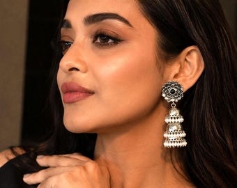 Kolczyki Jhumka, kolczyki Jaipur Jhumka, niemiecki srebrny Jhumka, prezent dla niej, 3 kopuły jhumka