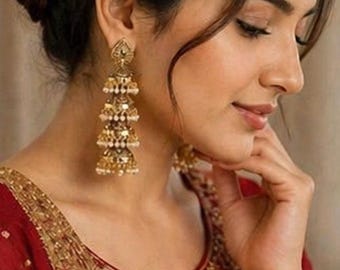 Jhumkas de 4 niveles, pendientes elegantes, pendientes tradicionales chapados en oro
