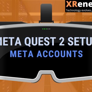 May include: A black virtual reality headset with a silver frame and blue accents. The text "META QUEST 2 SETUP" and "META ACCOUNTS" is displayed on the headset.