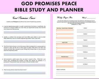 Può includere: Un piano di studio biblico e pianificatore con il testo "GOD PROMISES PEACE" in alto. Il pianificatore include sezioni per domande di studio biblico, un piano di preghiera settimanale e spazio per le note. Le pagine sono bianche con testo nero e un bordo rosa.