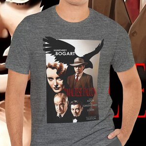 The Maltese Falcon 1941 Bogie film T-shirt.  Popular Crime Film-Noir Mystery movie with Humphrey Bogart Mary Astor Tshirt. GenXT4Me Tee