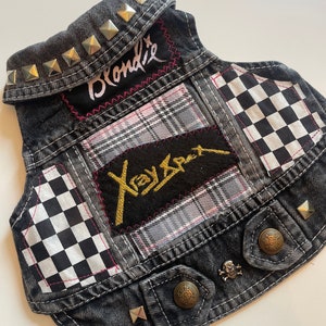 Small Punk Rock Dog Jacket/Battle Vest featuring Embroidered X-Ray Spex patch and Blondie patch