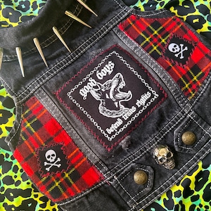 Large Dog Vest featuring Good Boys Defend Trans Rights Patch,  Soft Red Plaid Side Panels, Skull and Huge Spikes On Collar
