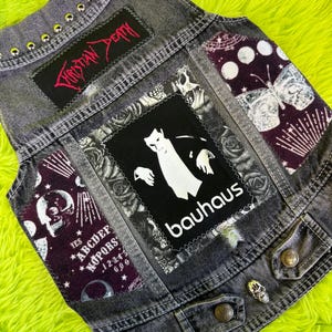 XXL Punk Rock Dog Jacket/Battle Vest Feat. Bauhaus and Christian Death Handmade Patches, Soft Purple Oujia Print Side Panels and Studs