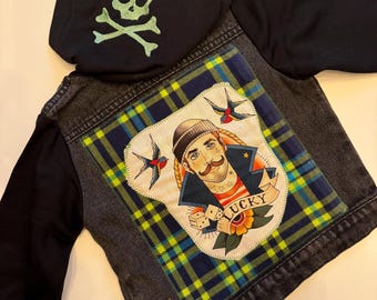 6-9 Month Baby Punk Vest: Sailor Tattoo Back Patch, Embroidered Skull Hood