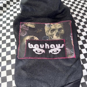 Dog Size Extra Small Hoodie with Skull Material and Embroidered Bauhaus Patch with Horned Hood