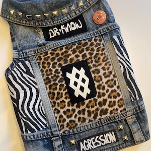 Punk Rock Leopard Print Dog Battle Vest: Handmade Studded Denim Jacket