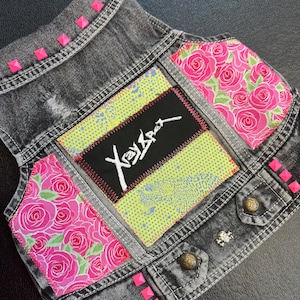 Punk Rock Dog Battle Vest: X Ray Spex Patch, Pink Pyramid Studs