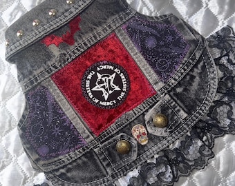 Small Punk Rock Dog Jacket featuring Sisters Of Mercy Patch, Soft Red Velvet, Purple Glitter Side Panels and BlackLace Skirt. Skull Button