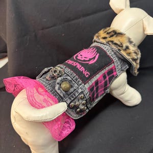 May include: A dog-shaped figurine wearing a denim vest with the word "OFFSPRING" in pink, a pink and black plaid pattern, and a leopard print collar. The figurine also has a pink lace skirt.