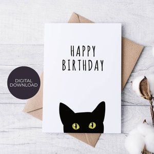 Birthday Card Cat DIGITAL DOWNLOAD, Black Cat Birthday Party, Card with Envelope
