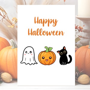 Carte d'Halloween pour enfants imprimable numérique citrouille joyeux Halloween chat fantôme illustré plié vacances téléchargement immédiat pour les enfants en bas âge