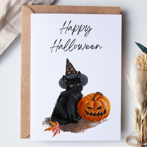 Carte d'Halloween pour enfants imprimable numérique citrouille joyeux Halloween chat illustrée pliée vacances téléchargement immédiat pour tout-petits PDF