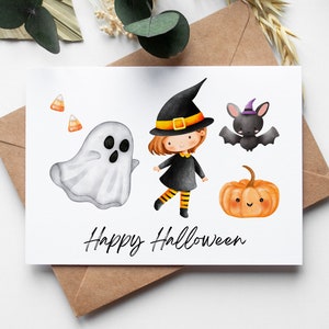 Carte d'Halloween pour enfants imprimable numérique citrouille joyeux Halloween chat fantôme illustré plié vacances téléchargement immédiat pour les enfants en bas âge