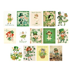 Images de carte de Saint-Patrick vintage feuilles de collage kitsch PDF imprimable téléchargement numérique taille ATC (14 pcs)