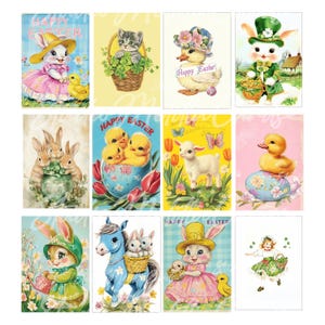 Images de carte de Pâques vintage, animaux kitsch, lapins mignons, agneaux, poussins, bestioles, feuilles de collage PDF imprimables en téléchargement numérique, taille ATC (12 pièces)
