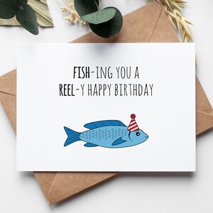 DOWNLOADBARE Verjaardagskaart voor papa, Fish Pun Punny, kaart met envelop