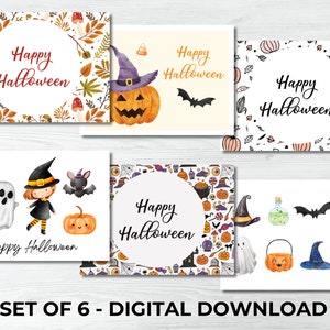Zestaw kartek na Halloween dla dzieci DO DRUKU CYFROWE, dynia, wesoły Halloween, czarownica, duch, nietoperz, ilustrowany, składany, świąteczny plik PDF do natychmiastowego pobrania
