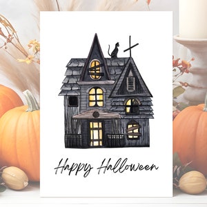 Carte d'Halloween pour enfants imprimable numérique joyeux Halloween chat illustré plié vacances téléchargement immédiat pour les enfants en bas âge maison hantée