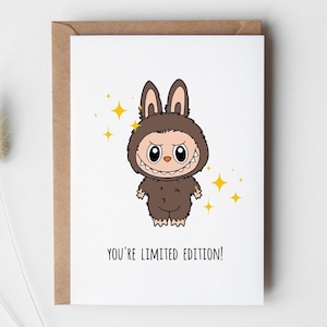 Biglietto d'auguri Labubu The Monsters da scaricare e stampare per figlia, figlio, 1°, 21°, 24°, 13°, 16°, 18°, figlioccia, figlioccio, nipote, nipote