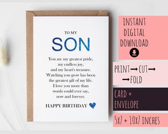 Carte d'anniversaire fils à télécharger numériquement, imprimable