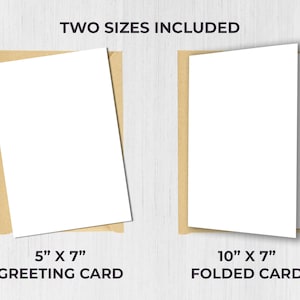 May include: Two blank greeting cards, one 5 inches by 7 inches and one 10 inches by 7 inches, both folded in half. The cards are shown on a light wood background.
