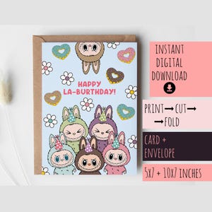 Carte d'anniversaire Labubu les monstres à télécharger pour fille fils, 1er 21 24 13 16 18 filleule filleul petite-fille petit-fils